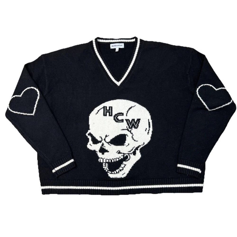 Heaven Can Wait Small Sweater Emo Whimsygoth Indie Black Skull V-Neck Heart W23
